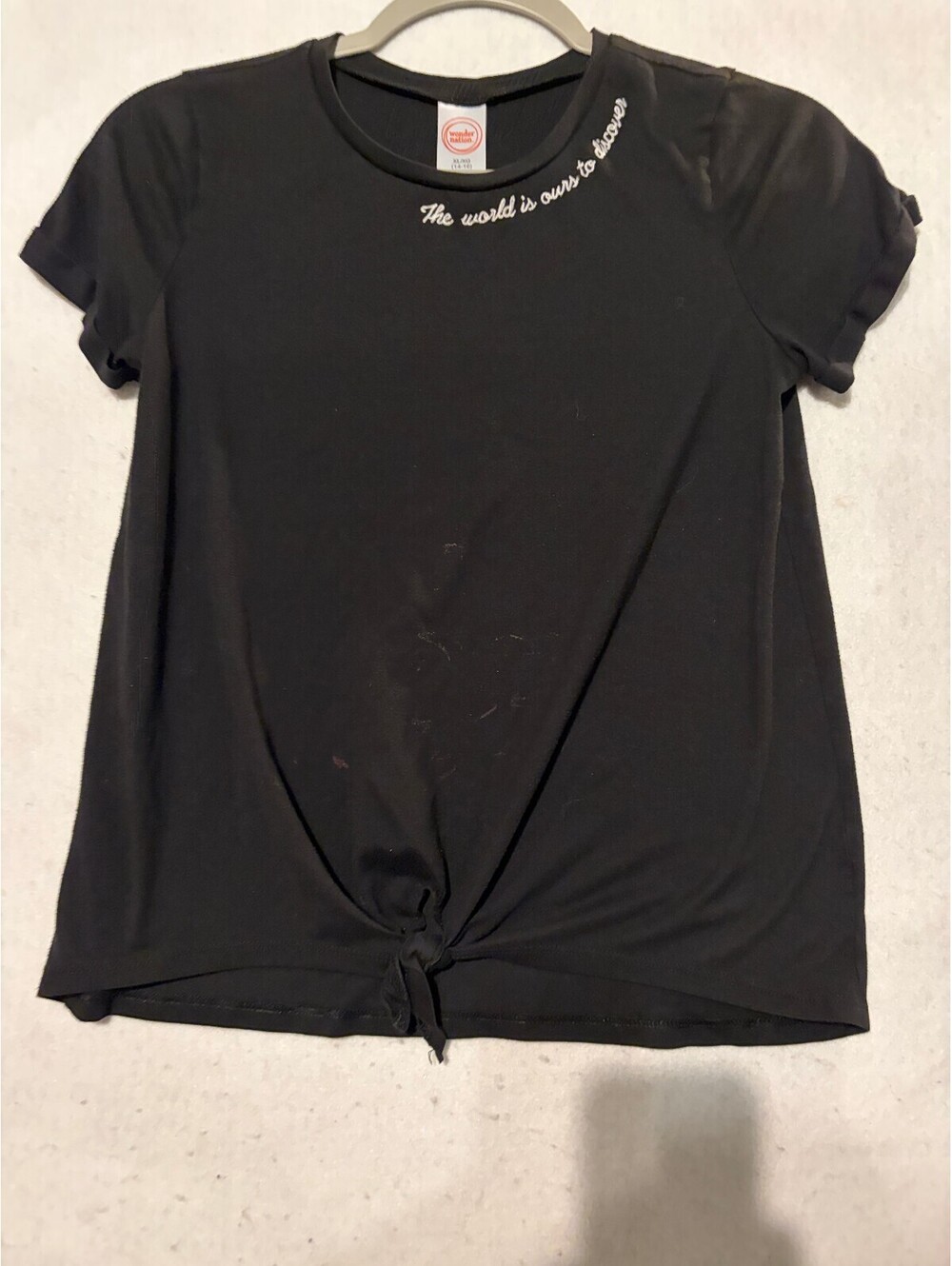 Black Short Sleeve Tie-Front Top with Embroidered Neckline